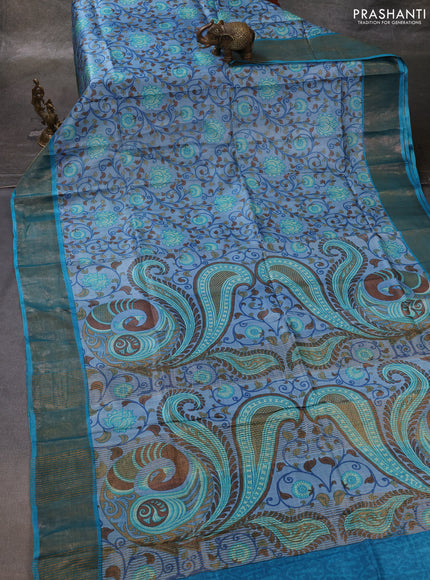 Blue & Teal Blue Pure Tussar Printed Silk Saree