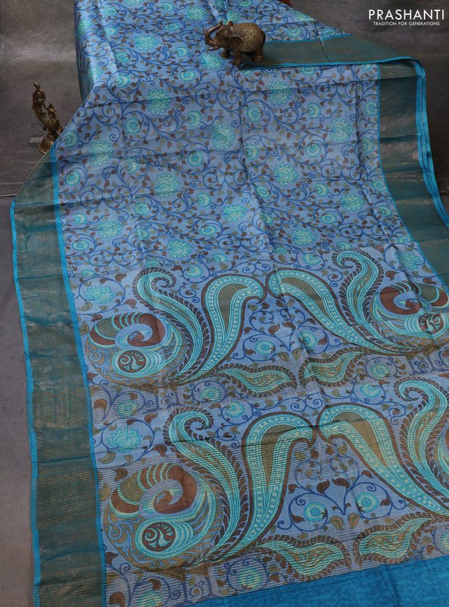 Blue & Teal Blue Pure Tussar Printed Silk Saree