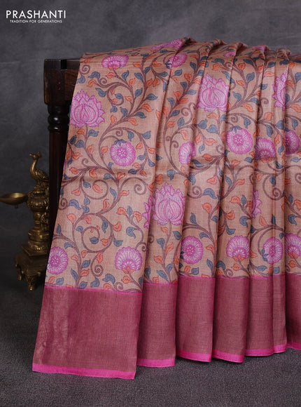 Beige & Pink Pure Tussar Printed Silk Saree