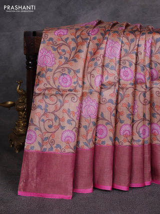 Beige & Pink Pure Tussar Printed Silk Saree