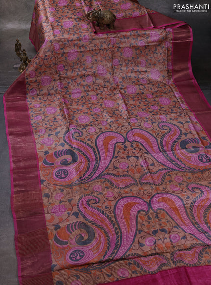 Beige & Pink Pure Tussar Printed Silk Saree