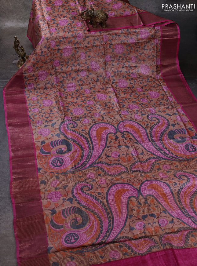 Beige & Pink Pure Tussar Printed Silk Saree