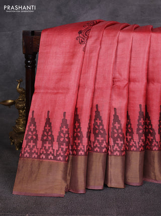 Red & Brown Pure Tussar Printed Silk Saree