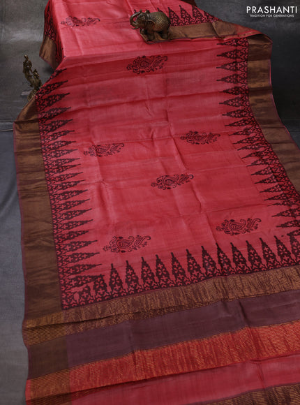Red & Brown Pure Tussar Printed Silk Saree