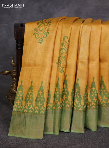 Mustard Yellow & Green Pure Tussar Printed Silk Saree