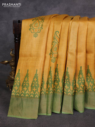Mustard Yellow & Green Pure Tussar Printed Silk Saree