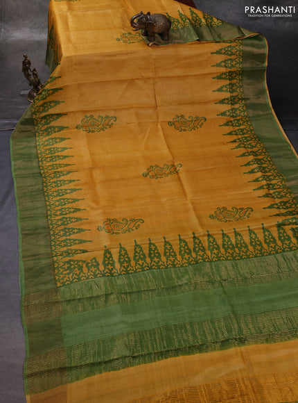 Mustard Yellow & Green Pure Tussar Printed Silk Saree