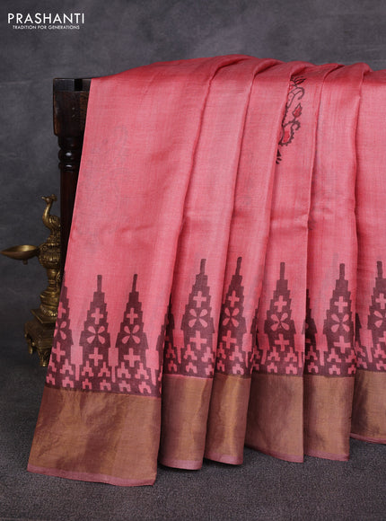 Peach & Brown Pure Tussar Printed Silk Saree