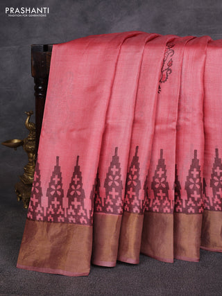Peach & Brown Pure Tussar Printed Silk Saree