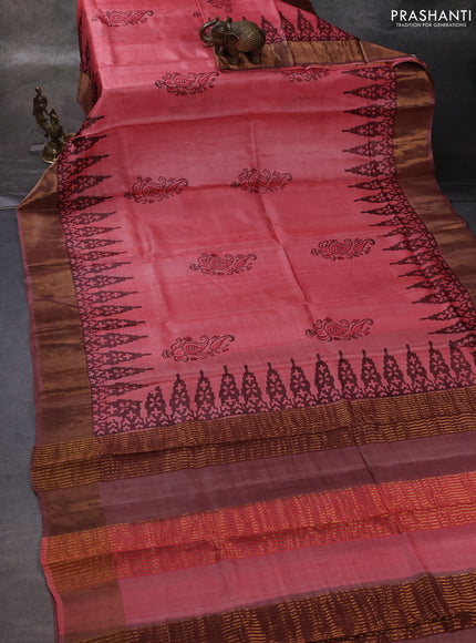 Peach & Brown Pure Tussar Printed Silk Saree