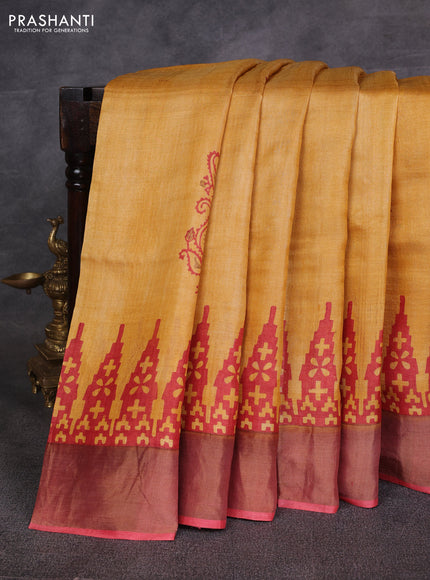 Yellow & Red Pure Tussar Printed Silk Saree