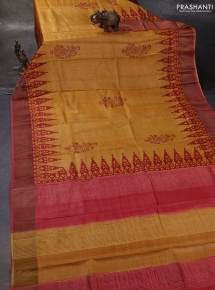 Yellow & Red Pure Tussar Printed Silk Saree
