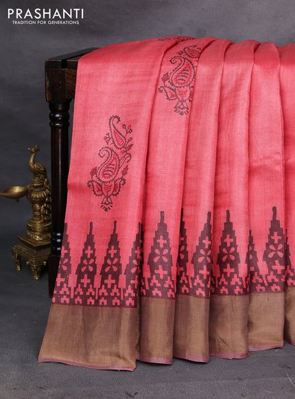 Red & Brown Pure Tussar Printed Silk Saree