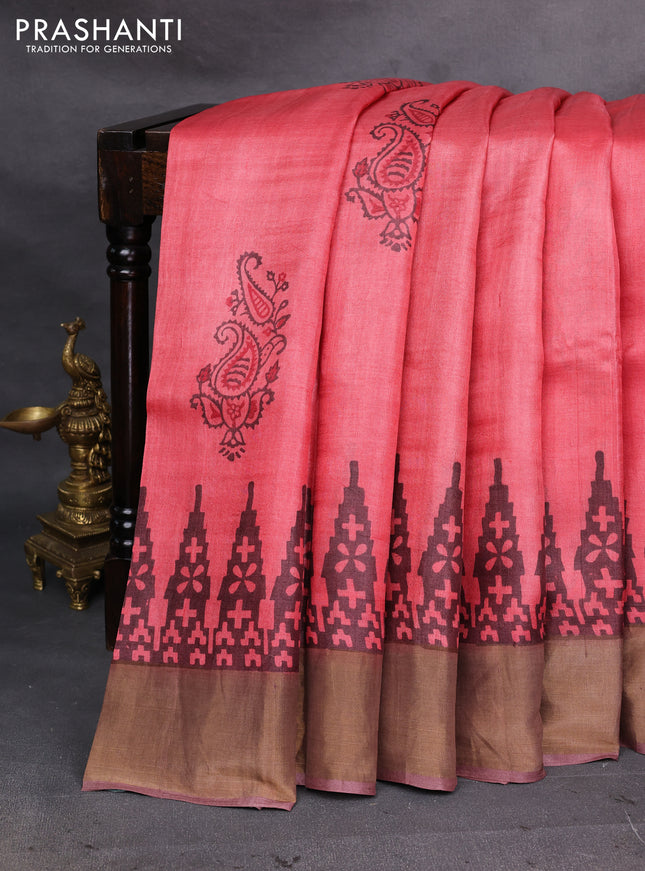 Red & Brown Pure Tussar Printed Silk Saree