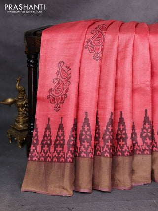 Red & Brown Pure Tussar Printed Silk Saree