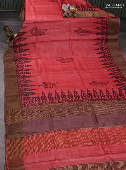 Red & Brown Pure Tussar Printed Silk Saree