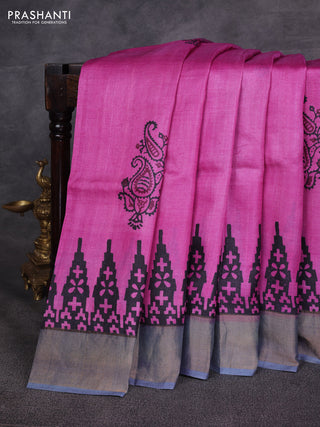 Magenta Pink & Grey Pure Tussar Printed Silk Saree
