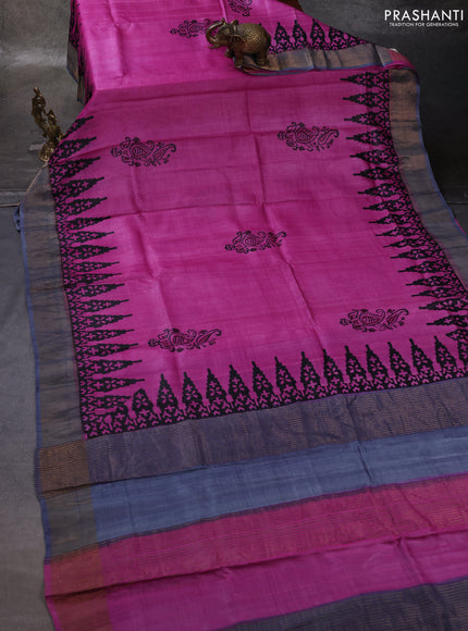 Magenta Pink & Grey Pure Tussar Printed Silk Saree