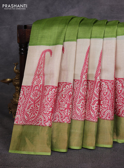 Green & Pink Pure Tussar Printed Silk Saree