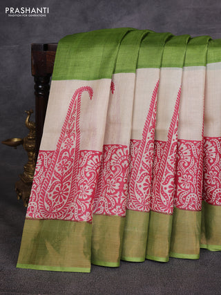 Green & Pink Pure Tussar Printed Silk Saree