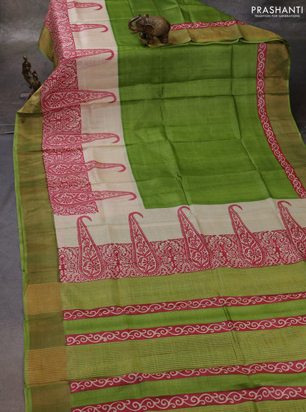 Green & Pink Pure Tussar Printed Silk Saree