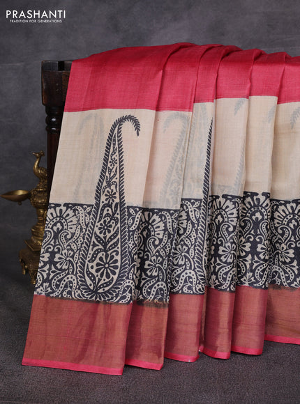 Pink & Black Pure Tussar Printed Silk Saree