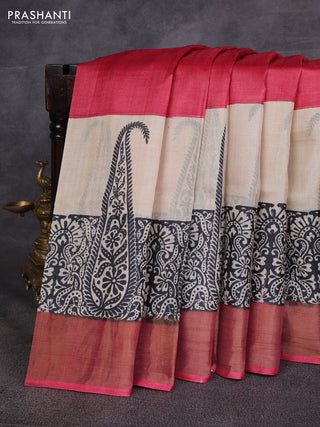 Pink & Black Pure Tussar Printed Silk Saree