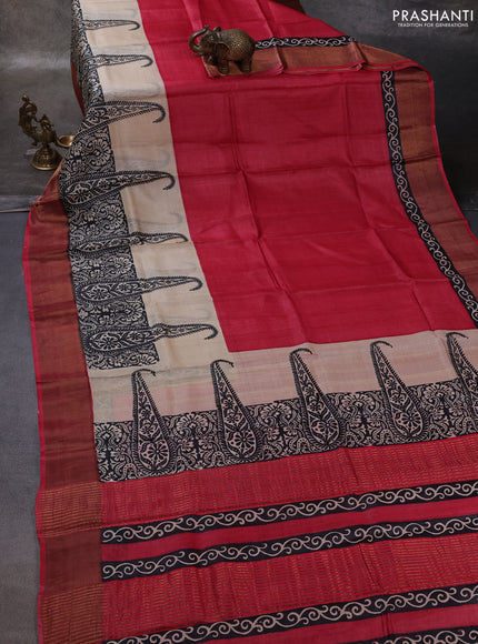 Pink & Black Pure Tussar Printed Silk Saree