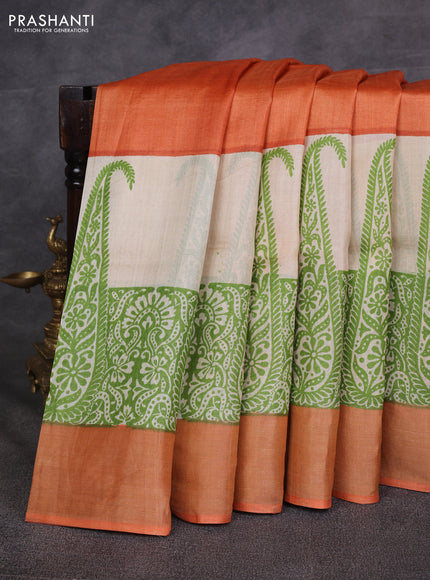 Rust  & Green Pure Tussar Printed Silk Saree
