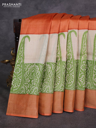 Rust  & Green Pure Tussar Printed Silk Saree
