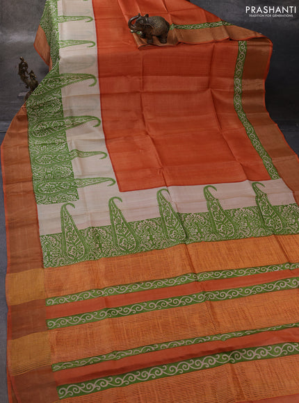 Rust  & Green Pure Tussar Printed Silk Saree