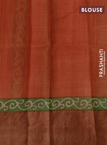 Rust  & Green Pure Tussar Printed Silk Saree