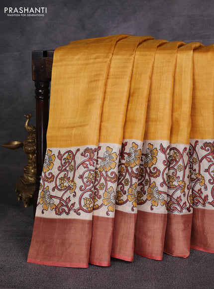 Yellow & Peach Pure Tussar Printed Silk Saree