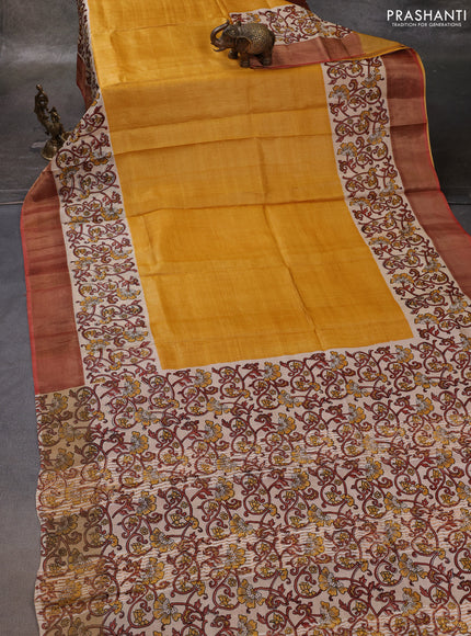 Yellow & Peach Pure Tussar Printed Silk Saree