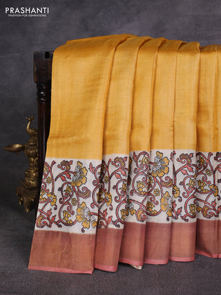 Mustard Yellow & Peach Pure Tussar Printed Silk Saree