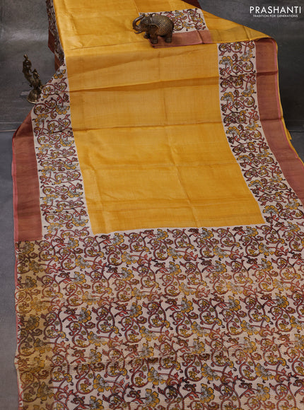 Mustard Yellow & Peach Pure Tussar Printed Silk Saree