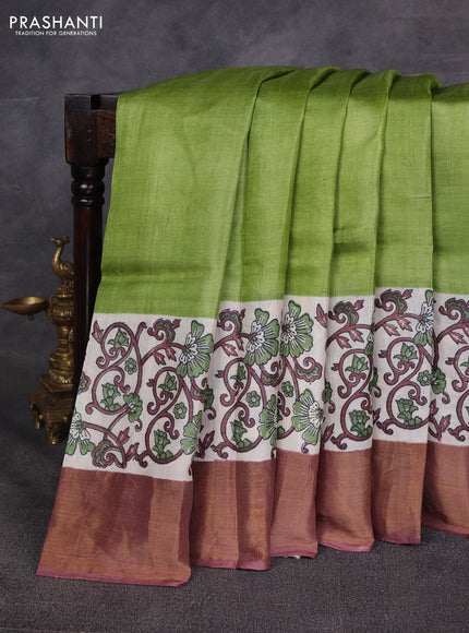 Green & Brown Pure Tussar Printed Silk Saree