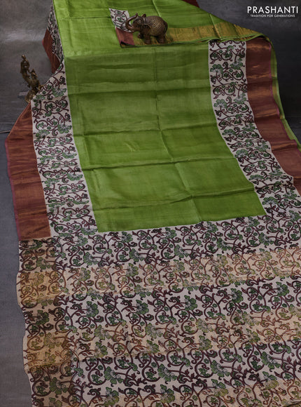 Green & Brown Pure Tussar Printed Silk Saree