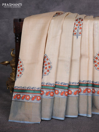 Off White & Grey Pure Tussar Printed Silk Saree