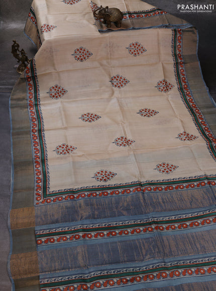 Off White & Grey Pure Tussar Printed Silk Saree
