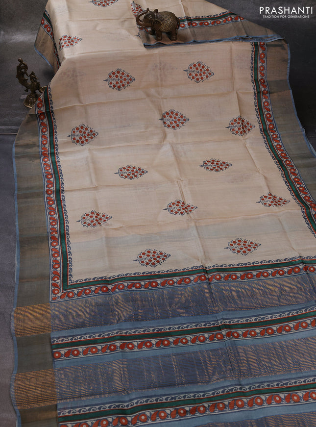 Off White & Grey Pure Tussar Printed Silk Saree