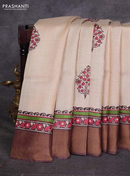 Off White & Brown Pure Tussar Printed Silk Saree