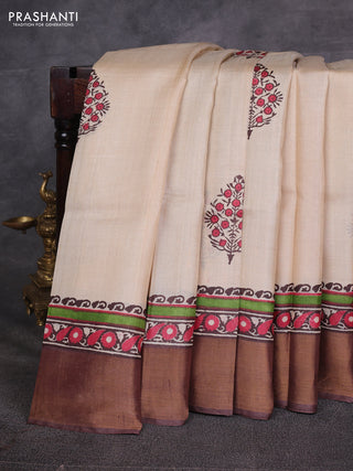 Off White & Brown Pure Tussar Printed Silk Saree