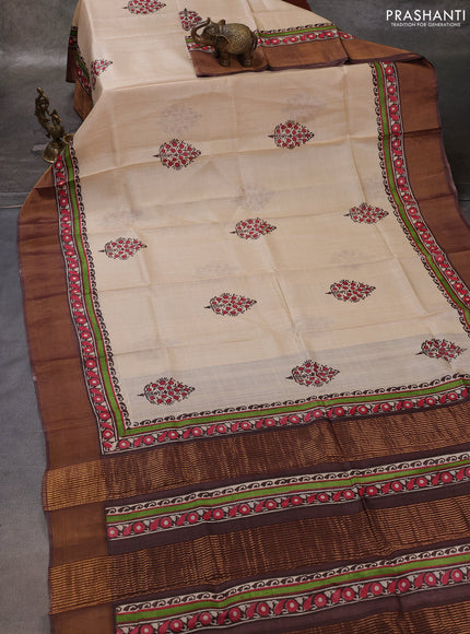 Off White & Brown Pure Tussar Printed Silk Saree