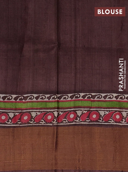 Off White & Brown Pure Tussar Printed Silk Saree