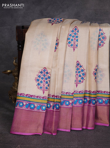 Off White & Pink Pure Tussar Printed Silk Saree