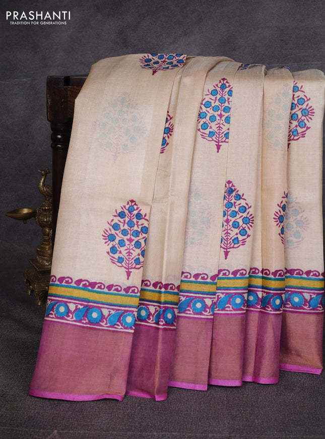 Off White & Pink Pure Tussar Printed Silk Saree