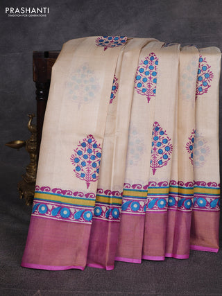 Off White & Pink Pure Tussar Printed Silk Saree