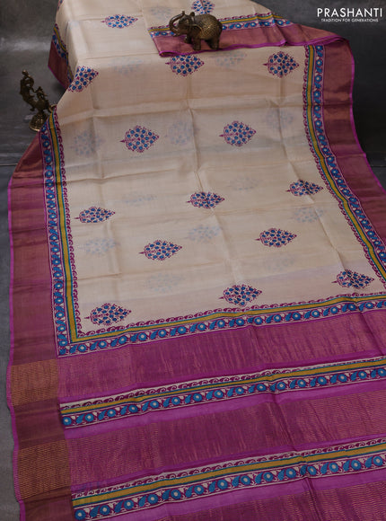 Off White & Pink Pure Tussar Printed Silk Saree