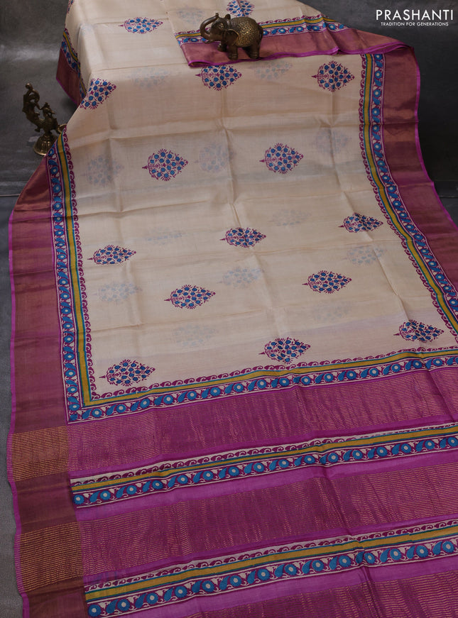 Off White & Pink Pure Tussar Printed Silk Saree